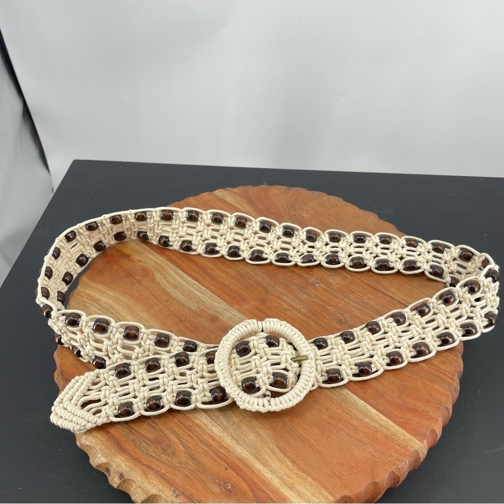 Woven‎ Macrame Brown Wood Bead Acrylic O-Ring buckle Belt L